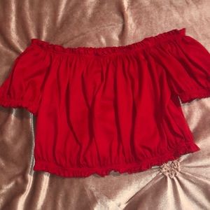 red off shoulder crop top